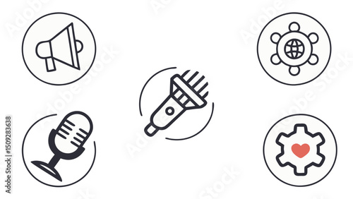 Collection of communication and technology icons including microphones and a megaphone design set