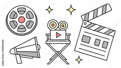 A collection of cinema elements including a reel, director's chair, clapperboard, and megaphone design