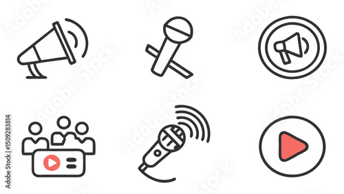 Collection of communication themed pictograms featuring microphones speakers and a play button icon