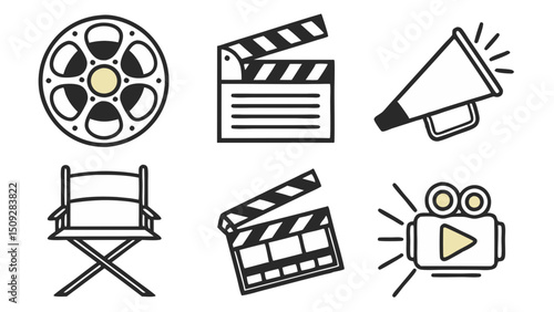 Collection of movie making equipment including film reel clapperboard megaphone and director chair
