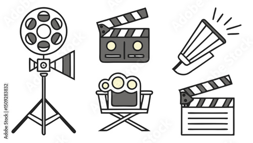 A collection of filmmaking equipment including a film reel light clapperboard megaphone and chair
