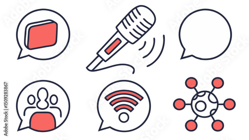 Collection of speech bubbles containing different icons such as microphone and network signal symbol