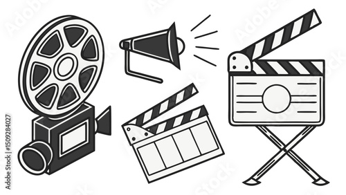 A monochrome depiction of a film camera, megaphone, and two clapperboards arranged together nicely