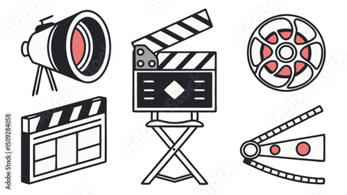 Collection of film making equipment including a spotlight, clapperboard and a film reel graphic