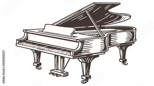 A detailed graphic of a grand musical instrument with keys and stand, shown at an angle view point