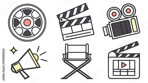 Collection of movie making equipment including camera, megaphone, chair, film reel and clapperboards