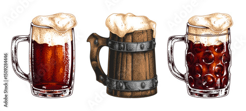 Different types of beer in unique glasses and mugs