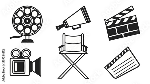 A collection of graphical movie making elements including a camera, chair, clapperboard, and a light