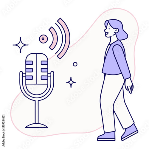 Person walking towards a microphone with sound waves and sparkles on a light background shape