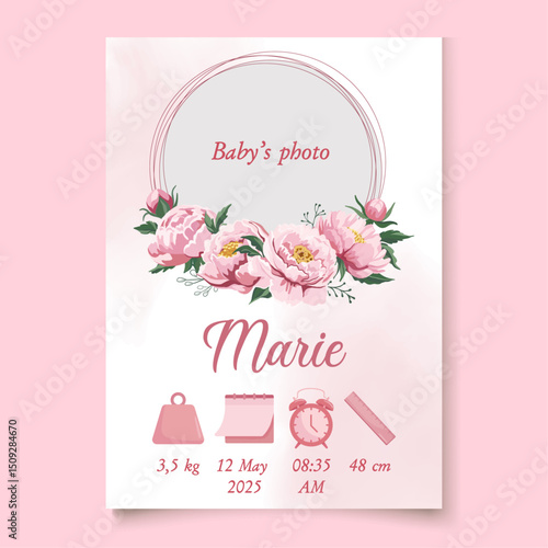 Pink floral baby birth detail card Photo frame Its a girl