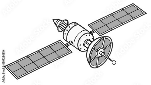 A stylized depiction of a satellite featuring solar panels antenna and cylindrical body in black and white