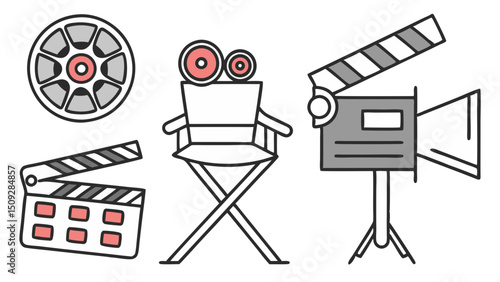 Composition of film reel, director's chair, clapperboard, and studio light equipment in a simple design