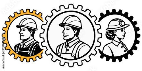 Three workers wearing hard hats inside gears symbolizing industry and labor force representation