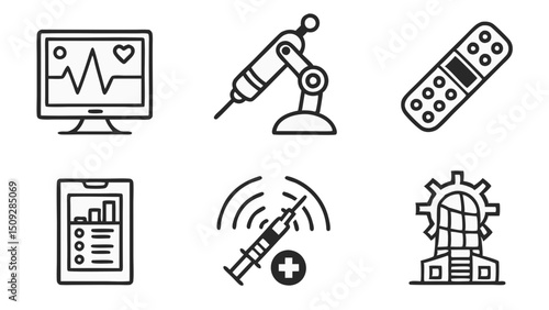 Collection of medical themed line drawings featuring monitor, robot arm, bandage, phone, and building