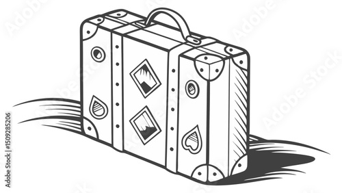 Detailed line drawing of a vintage suitcase with diamond and teardrop shapes and a curved handle design