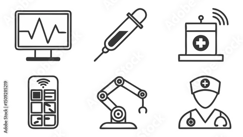 Collection of medical and industrial icons featuring a monitor, dropper, podium, remote, robot, and nurse