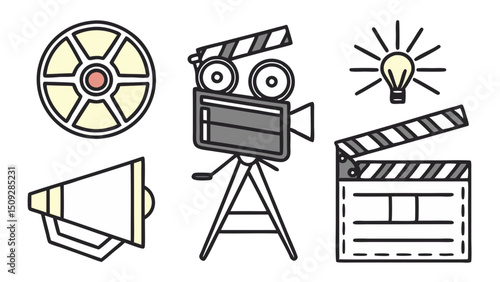 A collection of cinema related objects including camera, film reel, lightbulb and megaphone design