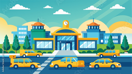 A busy air taxi station on campus with rows of glittering taxis constantly coming and going.. Vector illustration