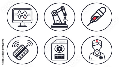 Collection of medical and industrial symbols in circular frames including a nurse and robotic arm