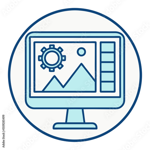 Computer screen displaying a gear, circle, mountains, and vertical rectangles in a circle frame