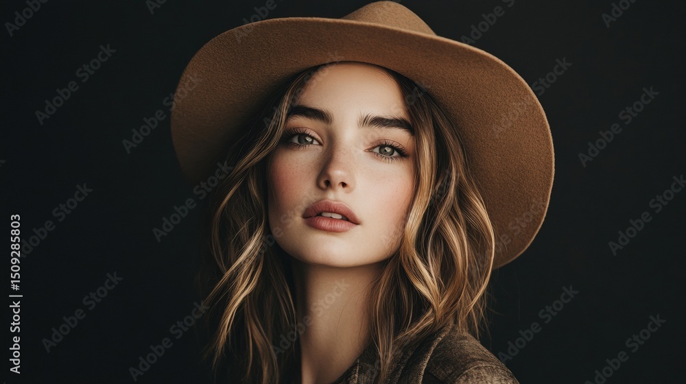 Portrait of a beautiful woman wearing a hat, isolated on a black background, dressed in brown Portrait of a beautiful woman wearing a hat, isolated on a black background, dressed in brown