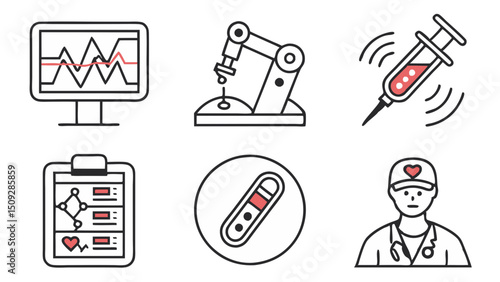 Depiction of medical equipment including a monitor, robot arm, syringe, chart, test, and doctor figure