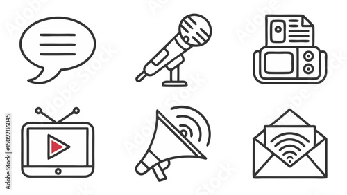 Outline icons depicting communication media including speech bubble microphone printer television and email