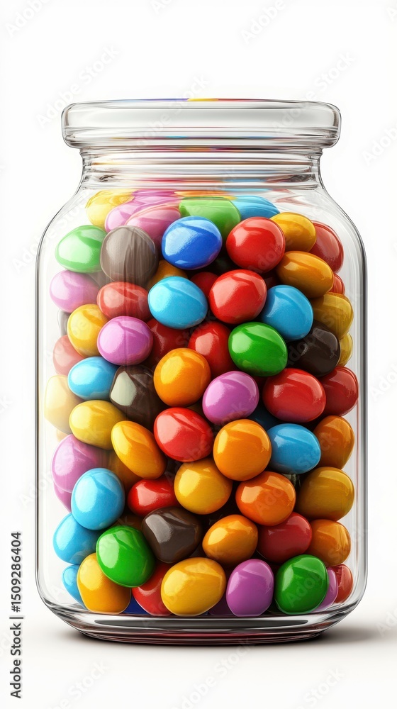 Colorful candy jar filled with various shaped sweets in vibrant hues placed on a white background Colorful candy jar filled with various shaped sweets in vibrant hues placed on a white background