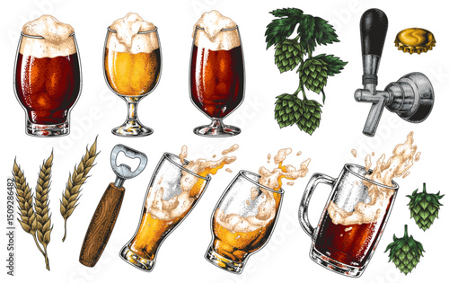 Craft beer types and brewing gear shown
