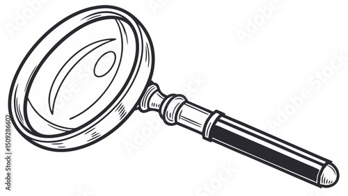 A detailed depiction of a magnifying glass with a black handle and a silver rim on a white background