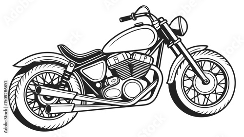 A detailed outline of a motorcycle featuring its engine tires handlebars and exhaust pipes in black and white