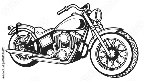 A detailed black and white graphic depiction of a classic style motorcycle with visible engine parts