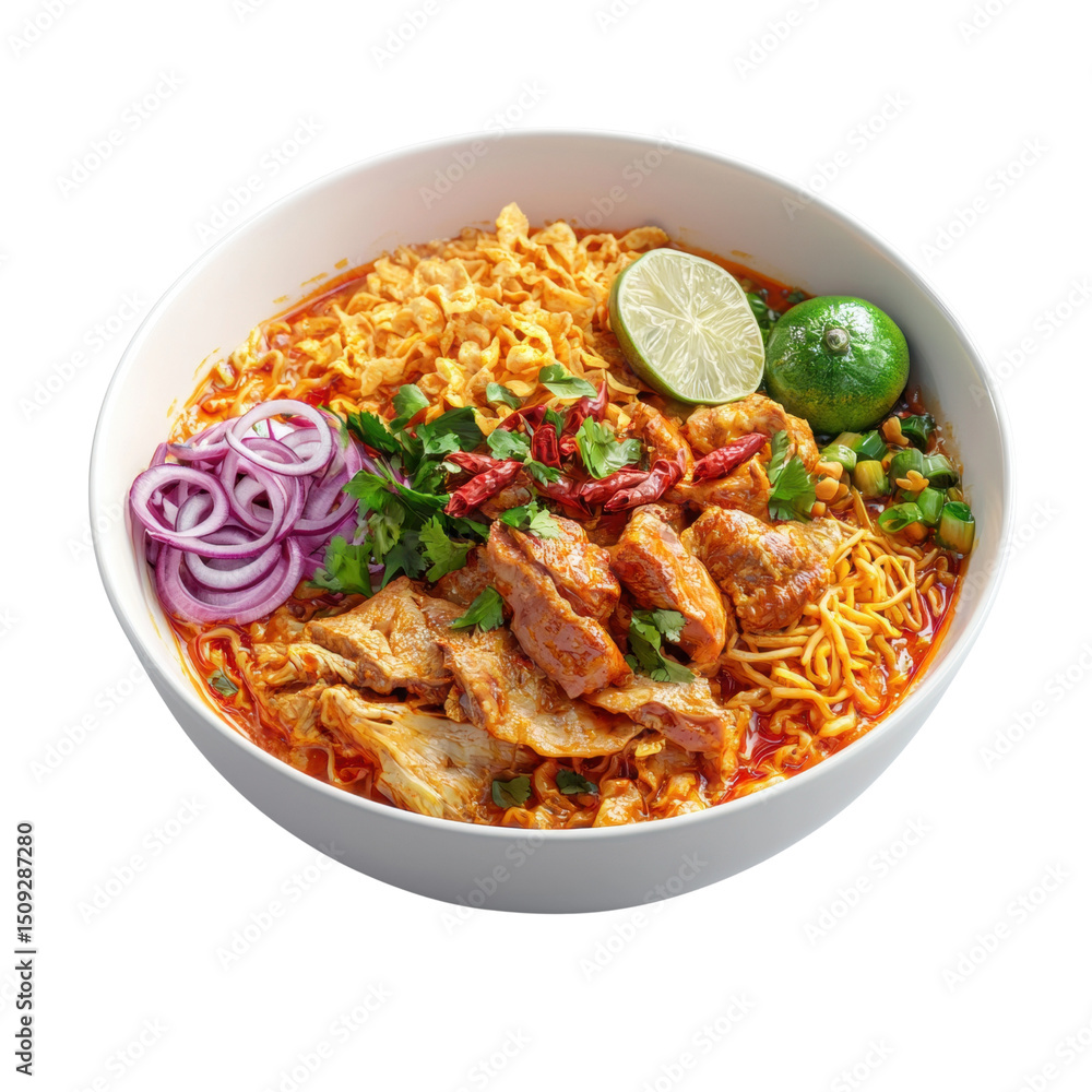 the image shows a white bowl filled with noodle soup against a dark background the image shows a white bowl filled with noodle soup against a dark background