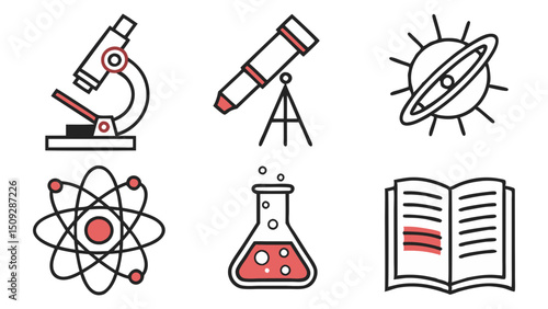 Assortment of scientific tools including a microscope telescope atom flask and open book graphic