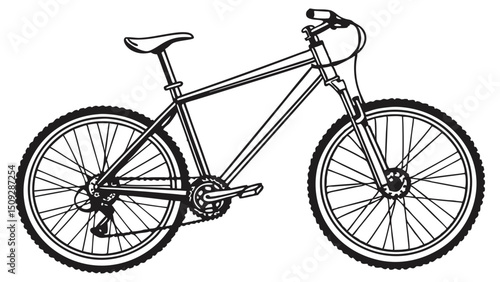 Detailed line drawing of a bicycle with visible frame, wheels, seat, and handlebars on white background