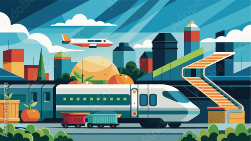 A modern train station has been rep by a futuristic air taxi hub with containers of freshly harvested produce being loaded onto waiting crafts.. Vector illustration