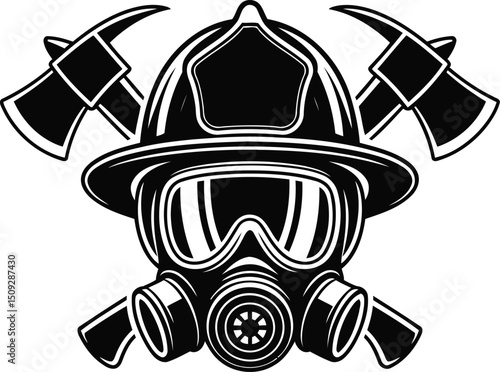 "Firefighter Helmet and Gas Mask with Crossed Fire Axes Silhouette Vector"