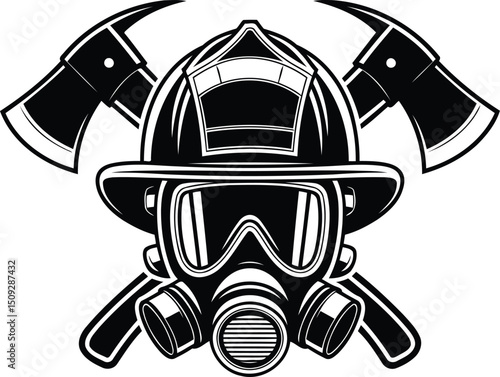 "Firefighter Helmet with Gas Mask and Crossed Axes Silhouette Vector"