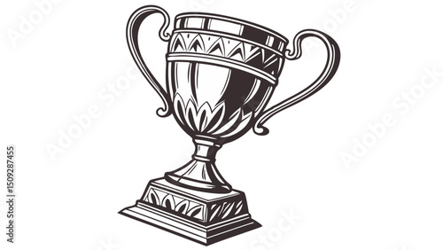 A gleaming trophy with intricate designs and handles, standing proudly on a decorative pedestal base