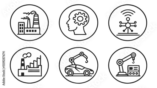 Collection of industry and technology icons including factory head with gear drone and robotic arms in circles