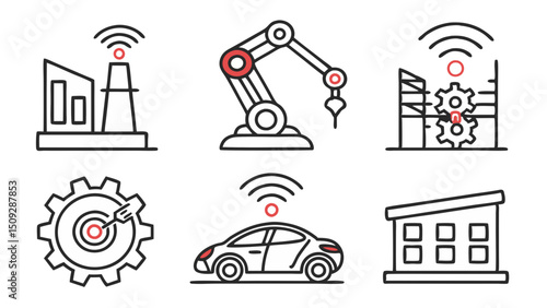 Collection of factory, robotic arm, gears, car and building icons representing industry concepts