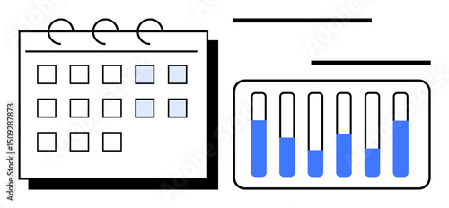 Calendar with marked days and a horizontal bar chart visualizing data progress. Ideal for planning, productivity, data tracking, time management, organization, workflow, simple landing page
