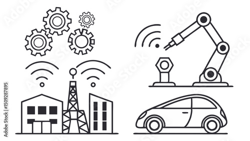 Outline drawing showing gears buildings with antenna robotic arm and car representing industry concept