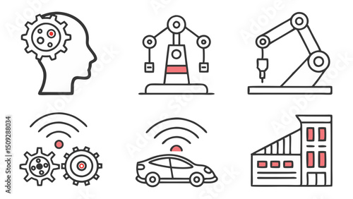 Outline depictions of a head with gears, a robotic arm, car, factory and other automated machinery