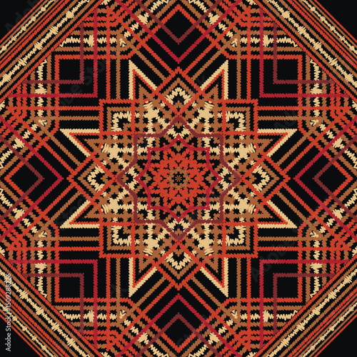 Intricate seamless geometric embroidery pattern with a central star motif, stripes, lines and layered diamond shapes. Rich stitched vector texture on black background for textile and decor design.