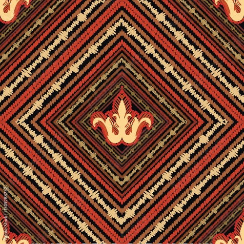 Seamless embroidered pattern with fleur de lis motifs and sharp diagonal stripes. Earthy tones of beige, red, and brown on black create a rich textile- nspired design. Endless striped vector texture.