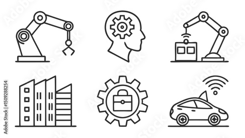 Outline set depicting automated manufacturing processes and artificial intelligence concepts in black and white