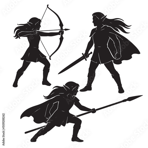 Vector silhouettes of fantasy elf warriors with bow, sword and spear. Heroic poses with flowing capes and pointed ears. Black and white illustration for RPG or mythology themes. Isolated on white.