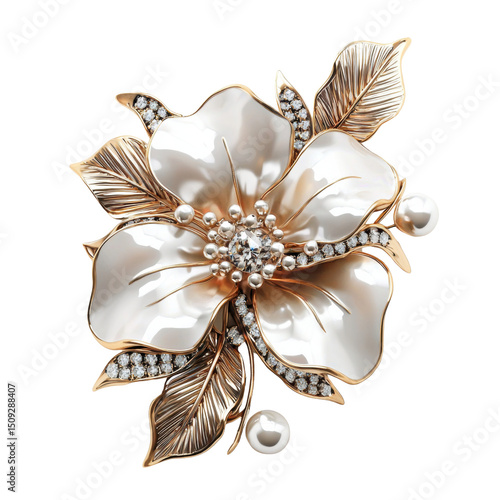 the image depicts an elegant piece of jewelry against a stark black background. at the center is a stylized flower with lustrous, petal like structures