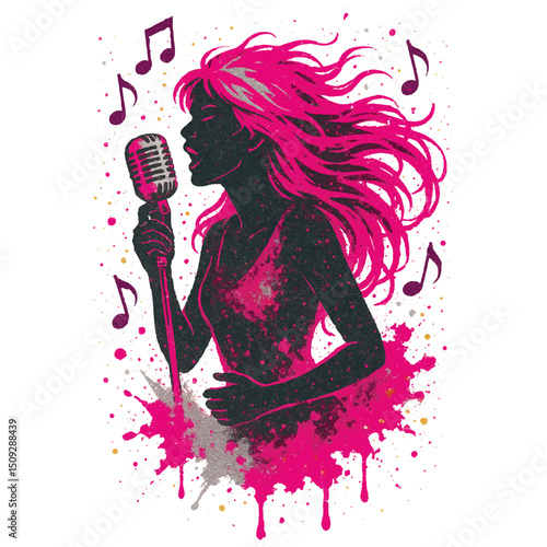 Graffiti style female singer vector silhouette with flowing hair, vintage mic and vibrant pink splashes. Expressive pop art music concept with dynamic energy and sound notes. Isolated modern on white.